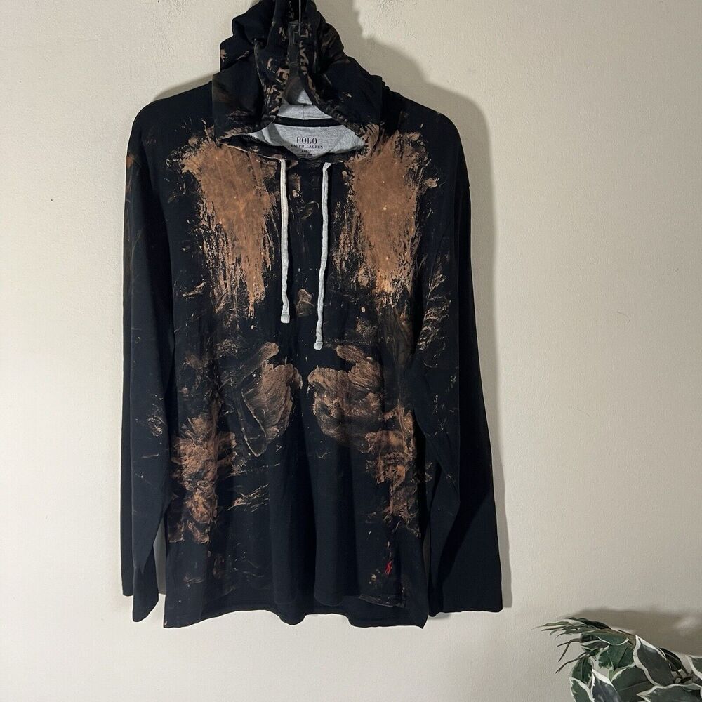 Polo Ralph Lauren Hoodie Black Bleached Dyed Pullover Size L Comfort Red Pony
